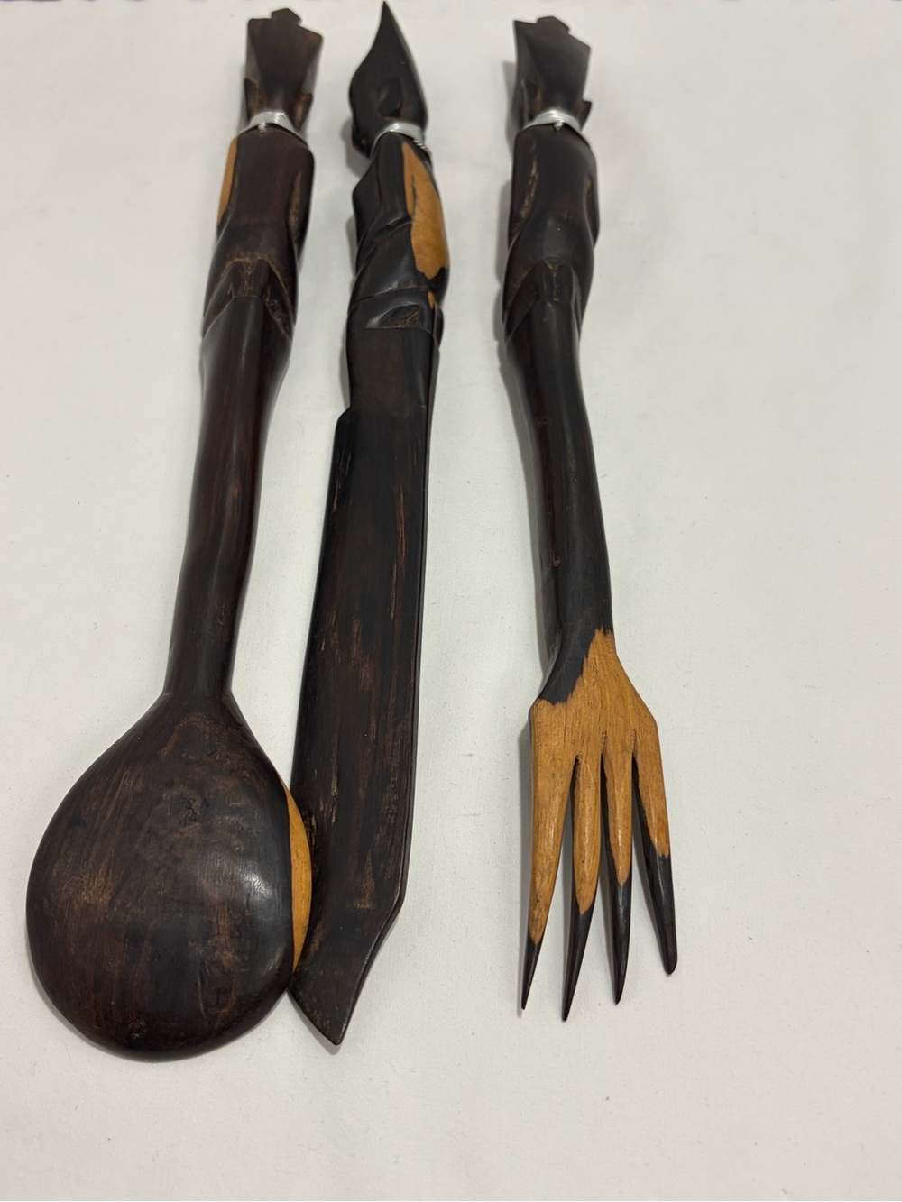 Hand-Carved Brown Wooden Serving Utensil Set with Carved Figure Handles - Picture 5 of 10